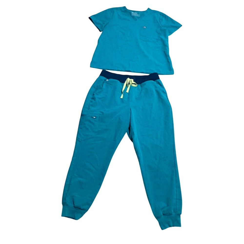 FIGS Scrub Set Teal Blue Catarina V-Neck Top sz S Jogger Pants sz L Petite Nurse